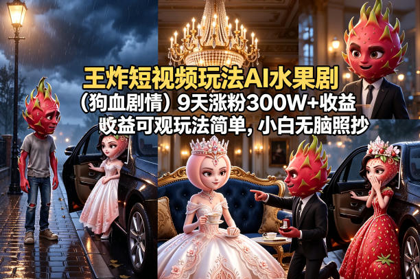 王炸短视频玩法AI水果剧(狗血剧情)9天涨粉300W+收益可观玩法简单，小白无脑照抄，详细拆解玩法-迦哆网创社