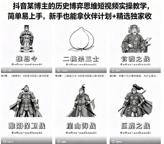 抖音某博主的历史博弈思维短视频实操教学，简单易上手，新手也能拿伙伴计划+精选独家收益-迦哆网创社