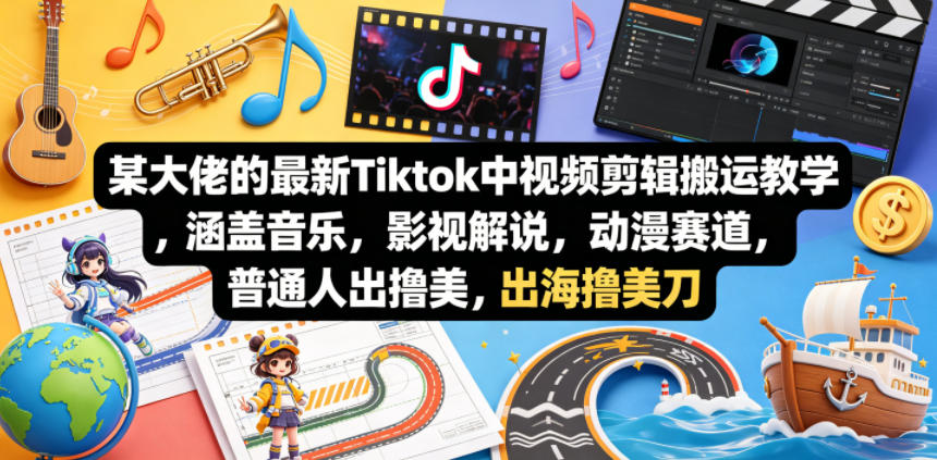 某大佬的最新Tiktok中视频剪辑搬运教学，涵盖音乐，影视解说，动漫赛道，普通人出海撸美刀-迦哆网创社