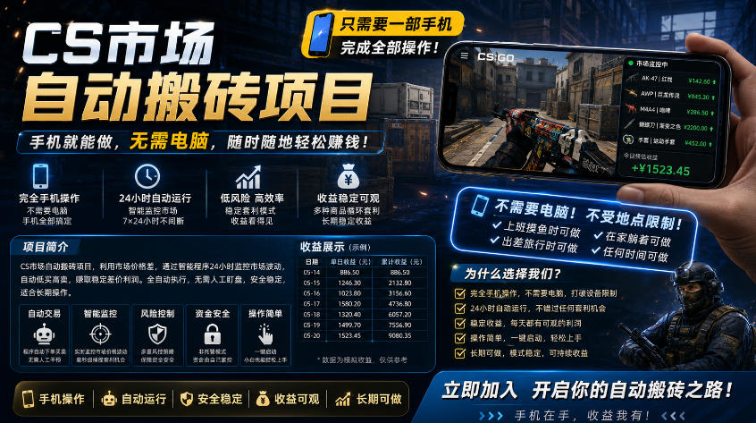 手机即可操作的CS市场自动搬砖系统｜自动监控｜自动下单|日入300+【揭秘】-迦哆网创社
