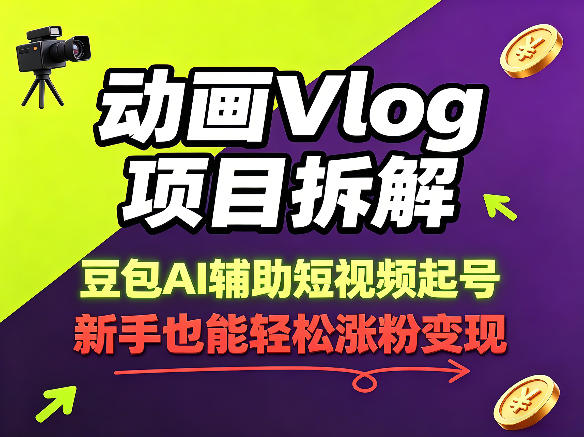 动画Vlog项目拆解，豆包AI辅助短视频起号，新手也能轻松涨粉，43条作品涨粉8.3W-迦哆网创社