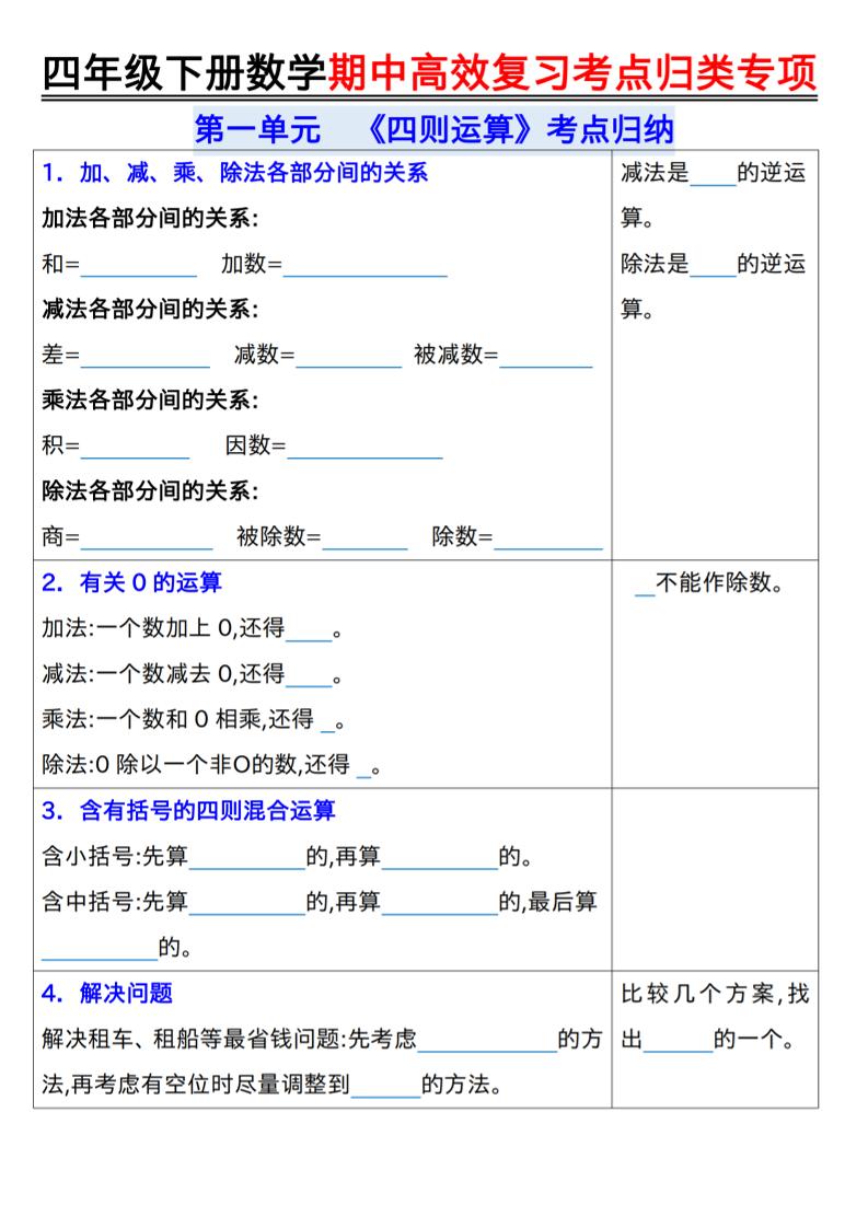 四年级下数学期中复习考点归类专练-迦哆网创社