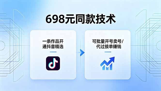 698元同款技术：一条作品开通抖音精选，可批量开号卖号，也可代过接单赚钱-迦哆网创社
