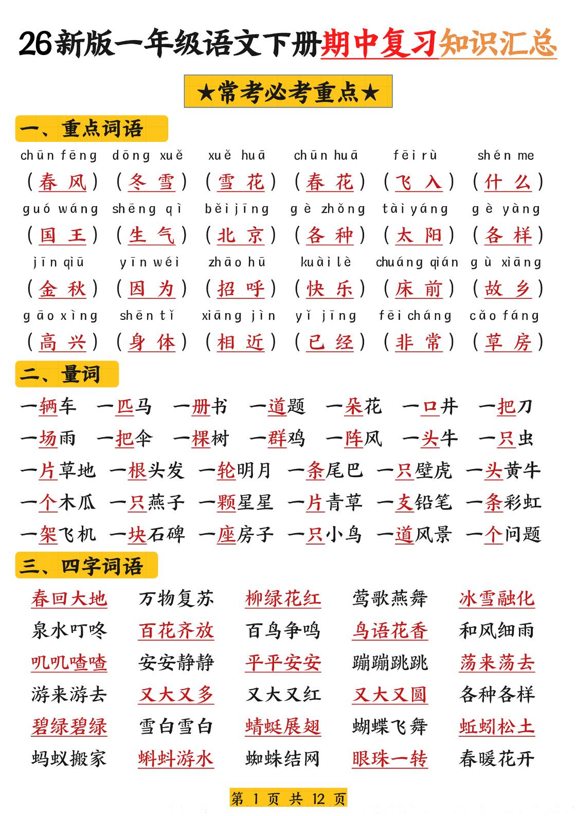 26新版一年级语文下册期中复习知识汇总-迦哆网创社