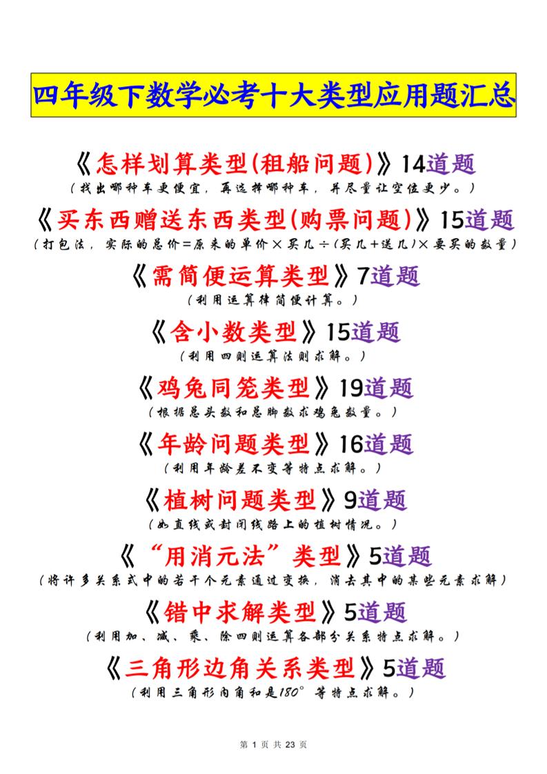 四年级下数学必考十大类型应用题汇总-迦哆网创社