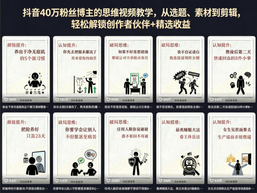 抖音40W粉丝博主的思维视频教学，从选题、素材到剪辑，轻松解锁创作者伙伴+精选收益-迦哆网创社