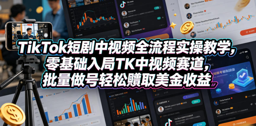 TikTok短剧中视频全流程实操教学,零基础入局TK中视频赛道,批量做号轻松賺取美金收益-迦哆网创社