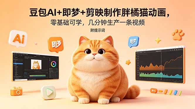 豆包AI+即梦+剪映制作胖橘猫动画，零基础可学，几分钟生产一条视频，附提示词-迦哆网创社