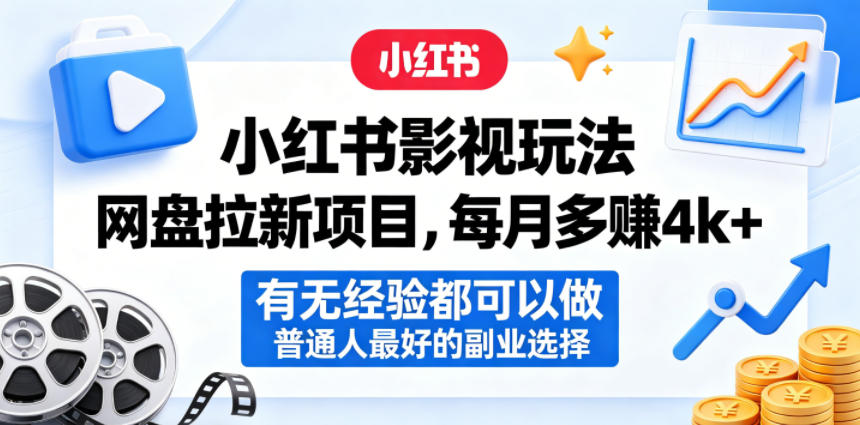 小红书影视玩法网盘拉新项目，每月多賺4k+，有无经验都可以做，普通人最好的副业选择-迦哆网创社