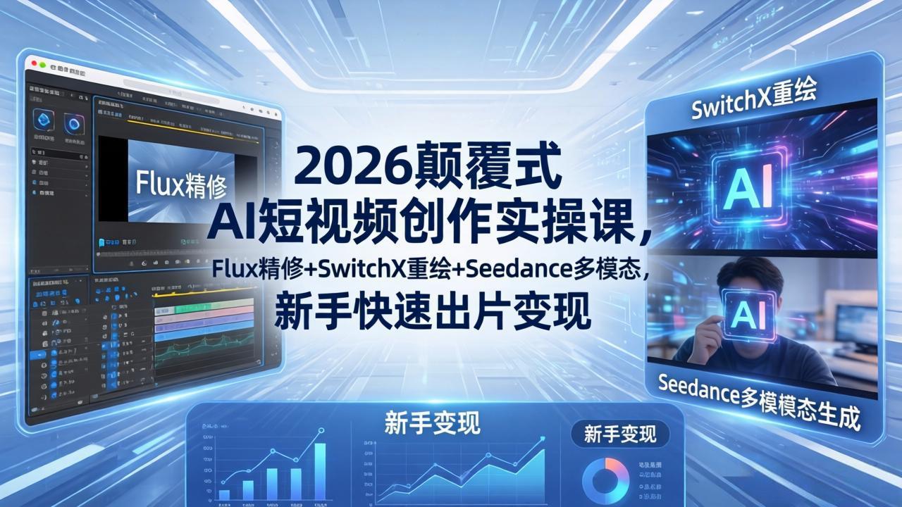2026颠覆式 AI短视频创作课-5月更新，Flux精修+SwitchX重绘+Seedance多模态，新手快速出片变现-迦哆网创社