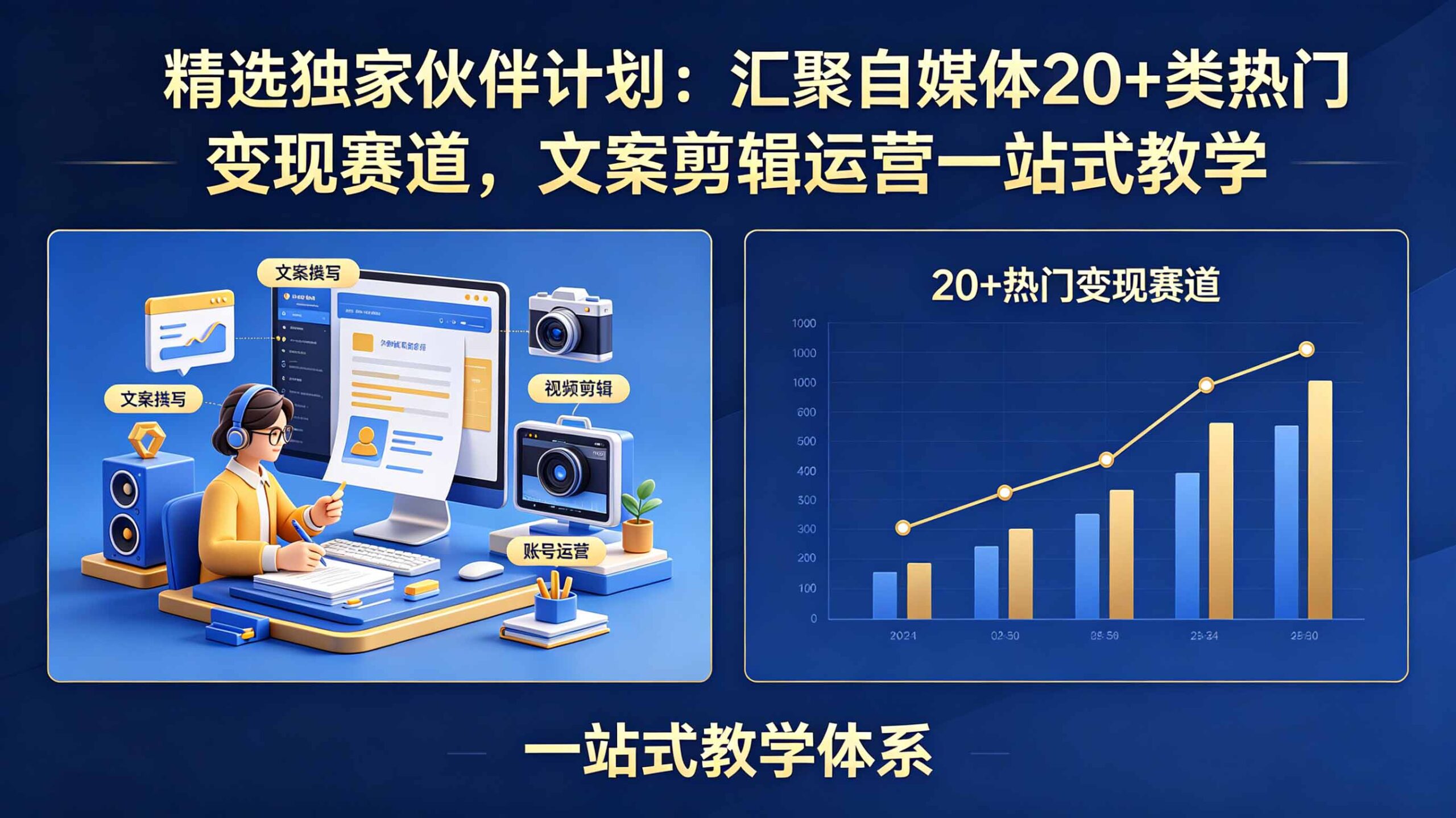 精选独家伙伴计划：汇聚自媒体20+类热门变现赛道，文案剪辑运营一站式教学-迦哆网创社