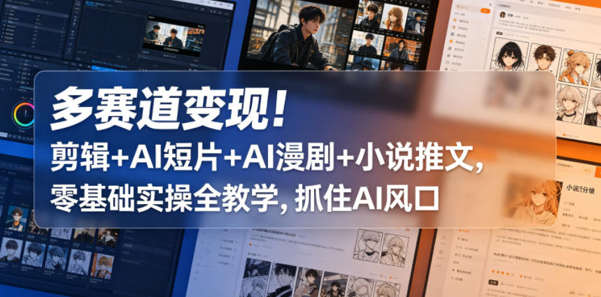 多赛道变现！剪辑+AI短片+AI漫剧+小说推文，零基础实操全教学，抓住AI风口-迦哆网创社