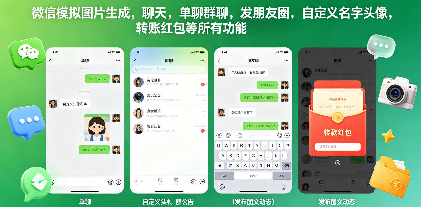 微信模拟图片生成，聊天，单聊群聊，发朋友圈，自定义名字头像，转账红包等所有功能都可以生成-迦哆网创社