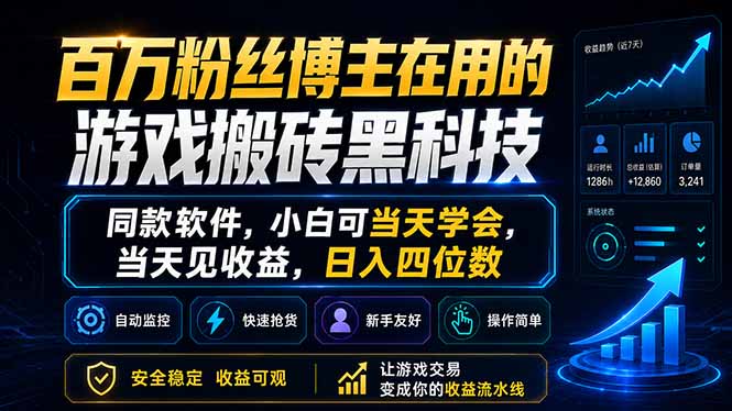 百万粉丝博主在用的游戏搬砖黑科技，同款软件，小白可当天学会，当天见收益，日入四位数-迦哆网创社
