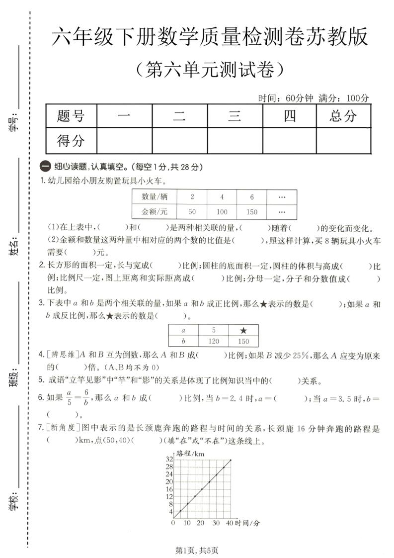 六年级下数学第六单元质量检测卷1《苏教版》-迦哆网创社