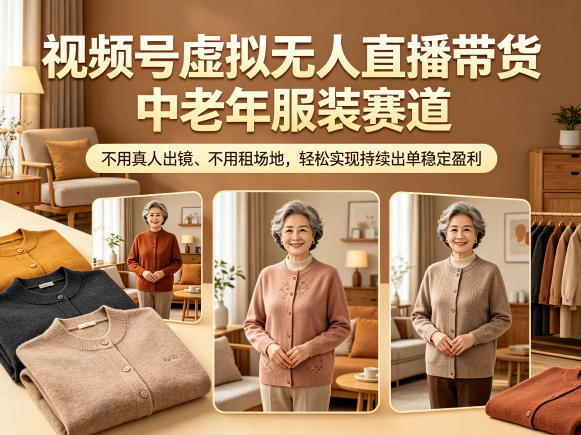 视频号虚拟无人直播带货中老年服装赛道，不用真人出镜、不用租场地，轻松实现持续出单稳定盈利-迦哆网创社