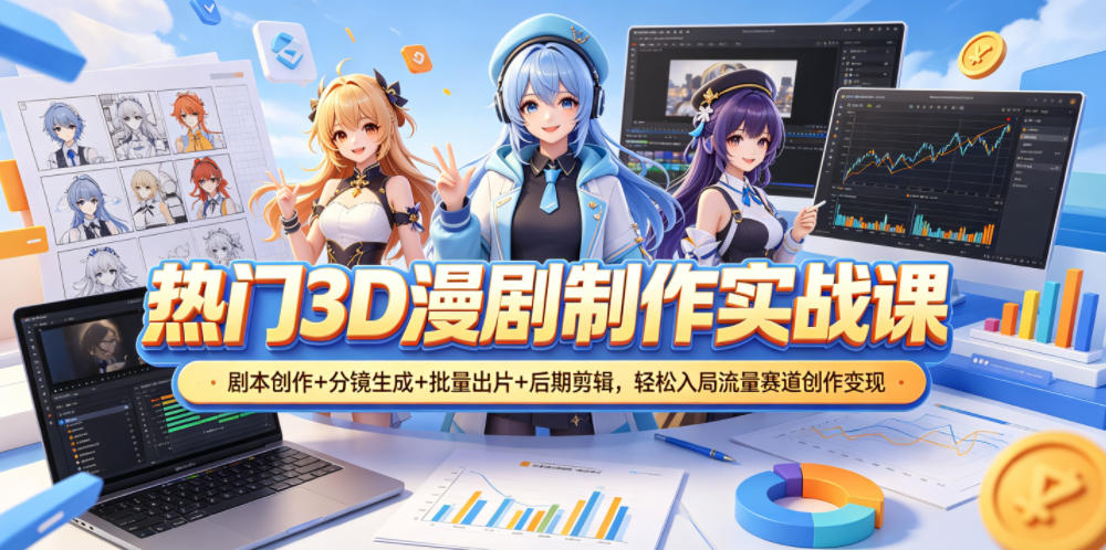热门3D漫剧制作实战课,剧本创作+分镜生成+批量出片+后期剪辑,轻松入局流量赛道创作变现-迦哆网创社