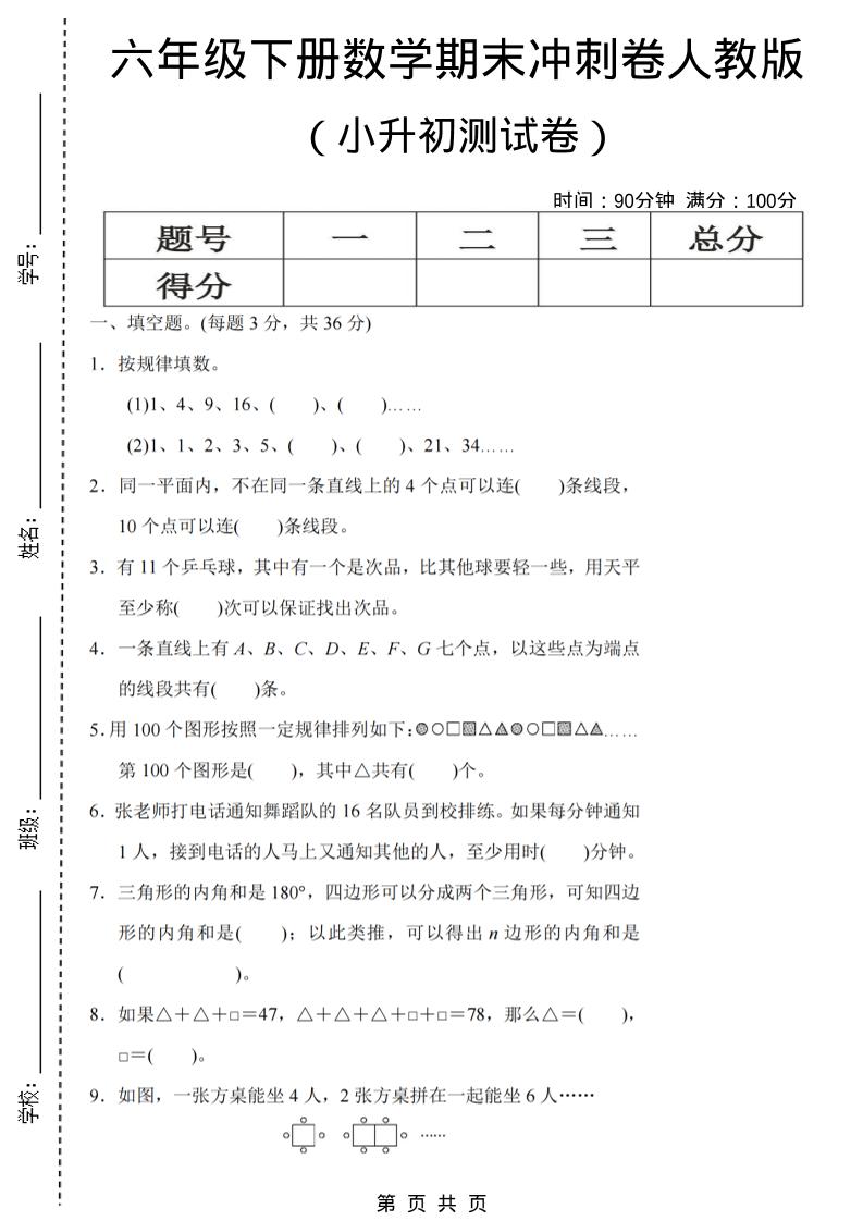 六年级下数学期末小升初冲刺卷《人教版》-迦哆网创社
