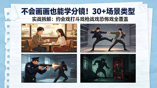 不会画画也能学分镜!30+场景类型实战拆解:约会戏打斗戏枪战戏恐怖戏全覆盖-迦哆网创社