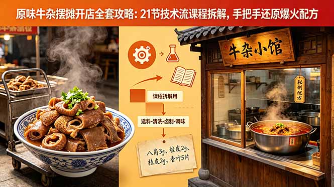 原味牛杂摆摊开店全套攻略:21节技术流课程拆解,手把手还原爆火配方-迦哆网创社