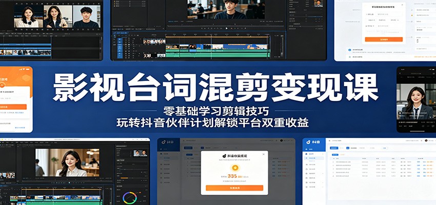 影视台词混剪变现课:零基础学习剪辑技巧,玩转抖音伙伴计划解锁平台双重收益-迦哆网创社