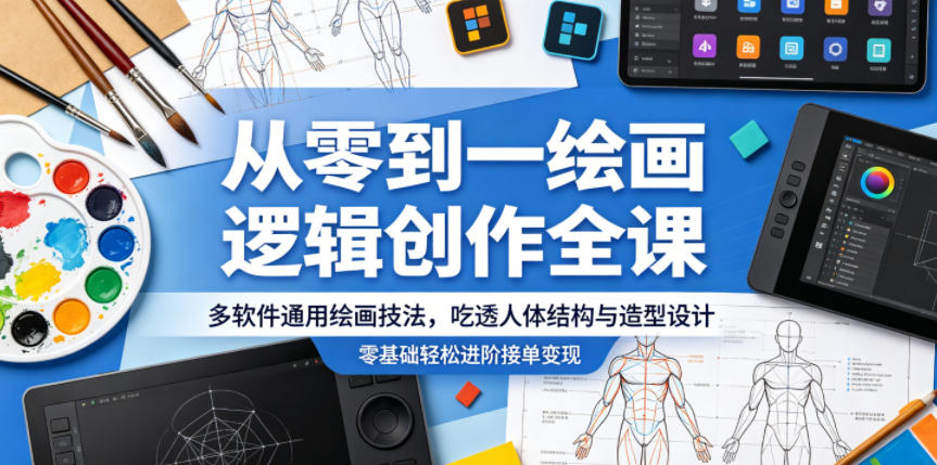 从零到一绘画逻辑创作全课，多软件通用绘画技法，吃透人体结构与造型设计，零基础轻松进阶接单变现-迦哆网创社