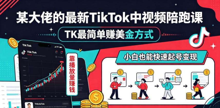 某大佬的最新TikTok中视频陪跑课，TK最简单賺美金方式，靠播放量賺钱，小白也能快速起号变现-迦哆网创社