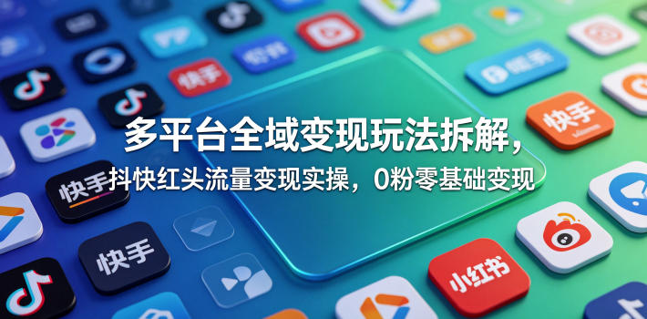 多平台全域变现玩法拆解，抖快红头流量变现实操，0粉零基础变现-迦哆网创社