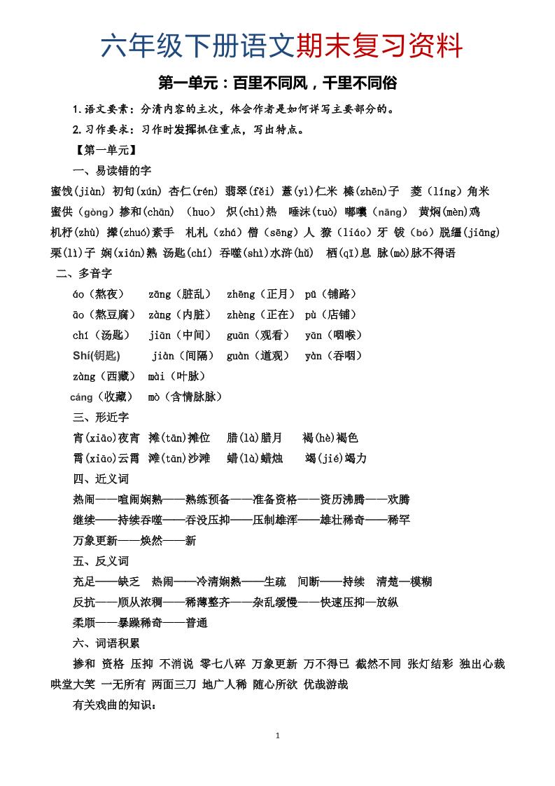 六年级下语文期末复习资料-迦哆网创社