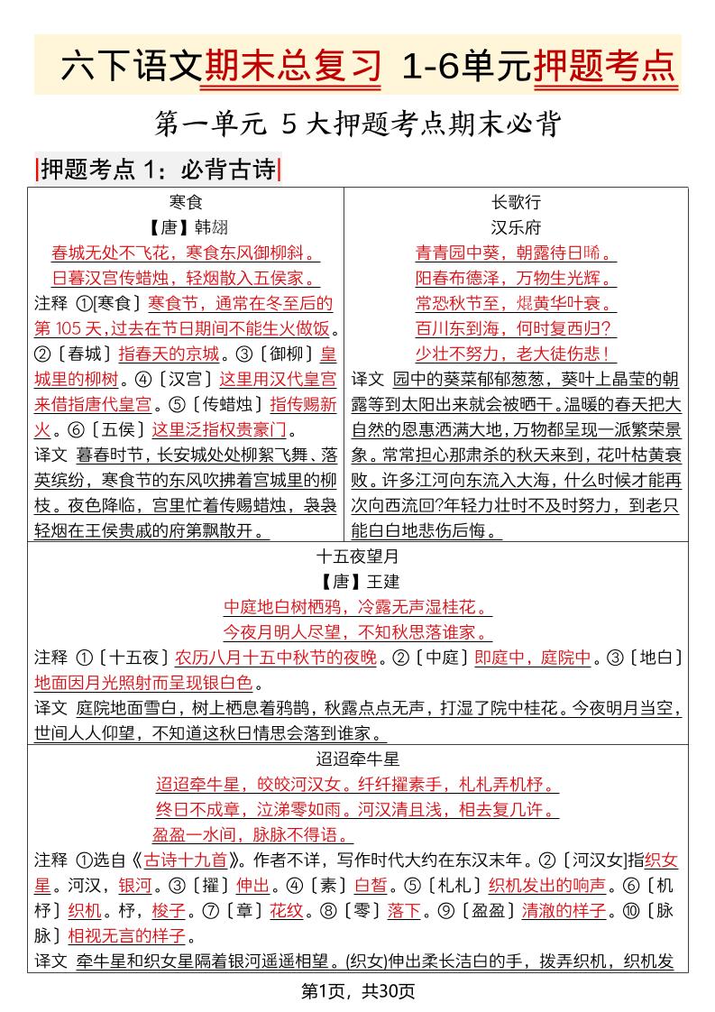 六年级下语文期末总复习1-6单元押题考点-迦哆网创社