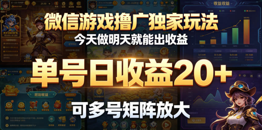 微信游戏撸广独家玩法，今天做明天就能出收益，单号日收益20+，可多号矩阵放大-迦哆网创社