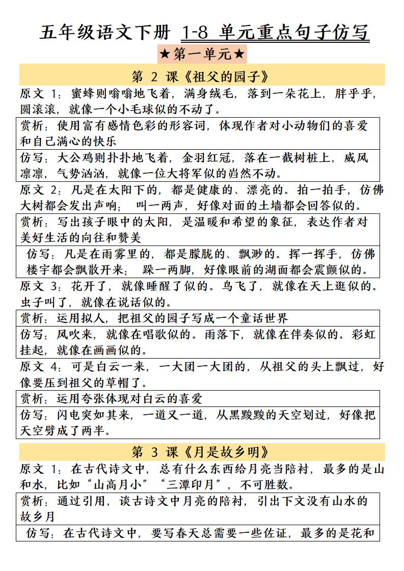 五年级下语文1-8单元重点句子仿写-迦哆网创社