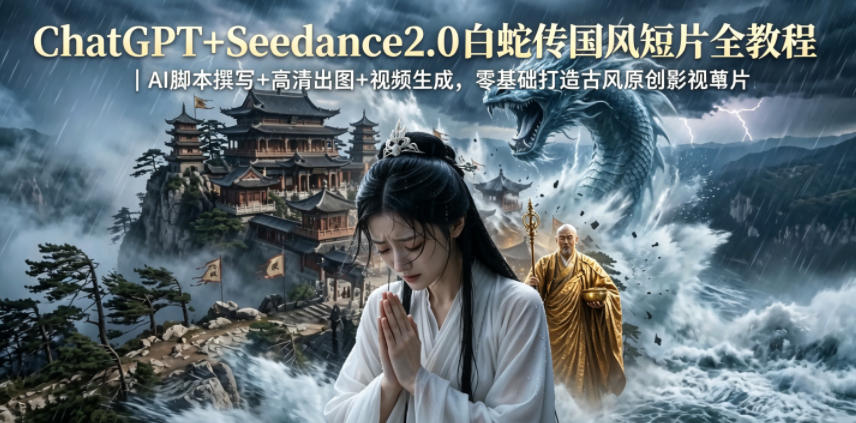 ChatGPT+Seedance2.0白蛇传国风短片全教程｜AI脚本撰写+高清出图+视频生成，零基础打造古风原创影视短片-迦哆网创社