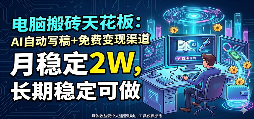 电脑搬砖天花板：AI自动写稿+免费变现渠道，月稳定2W，长期稳定可做-迦哆网创社