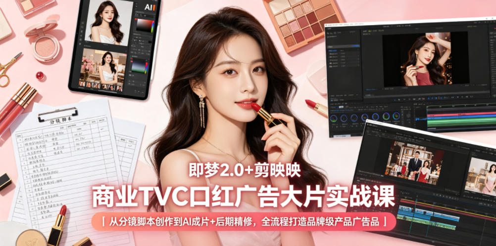即梦2.0+剪映商业TVC口红广告大片实战课｜从分镜脚本创作到AI成片+后期精修，全流程打造品牌级产品广告-迦哆网创社