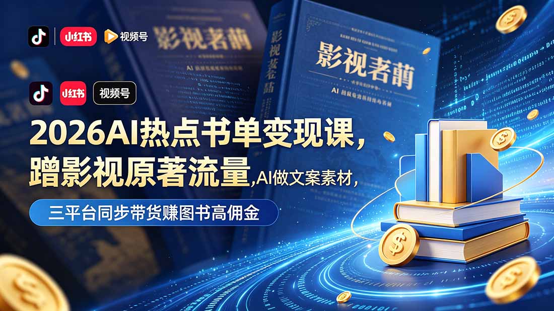 2026AI热点书单变现课，蹭影视原著流量，AI做文案素材，三平台同步带货赚图书高佣金-迦哆网创社