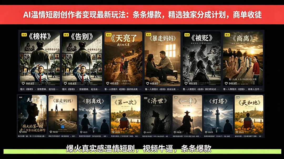 AI温情短剧创作者变现最新玩法：视频牛逼，条条爆款，精选独家分成计划，商单收徒-迦哆网创社