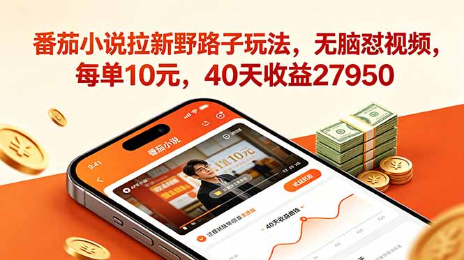 番茄小说拉新野路子玩法，无脑怼视频，每单10元，40天收益27950-迦哆网创社