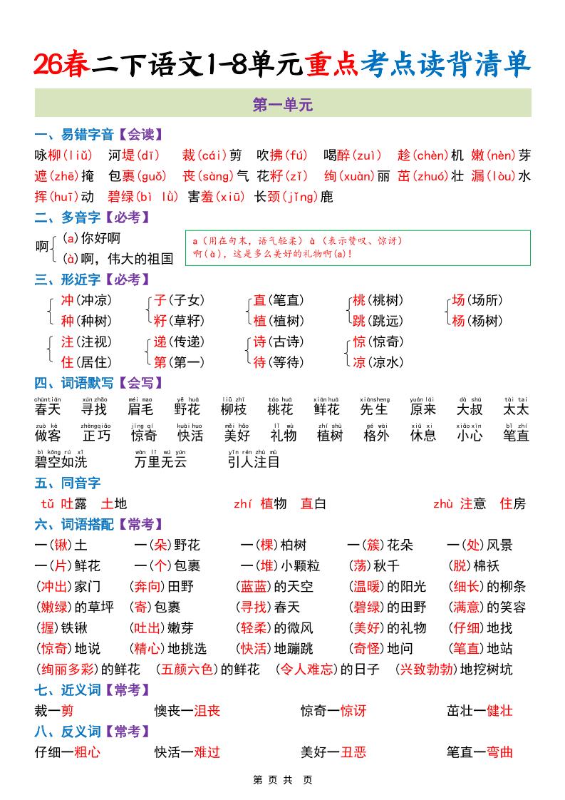 二年级下语文1-8单元重点考点读背清单-迦哆网创社