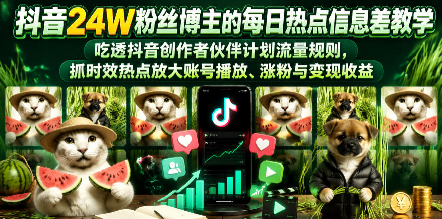 抖音24W粉丝博主的每日热点信息差教学，吃透创作者伙伴计划流量规则，抓时效热点放大账号播放、涨粉与变现收益-迦哆网创社