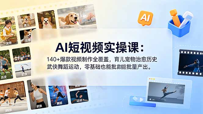 AI短视频实操课：140+爆款视频制作全覆盖，育儿宠物治愈历史武侠舞蹈运动，零基础也能批量产出-迦哆网创社