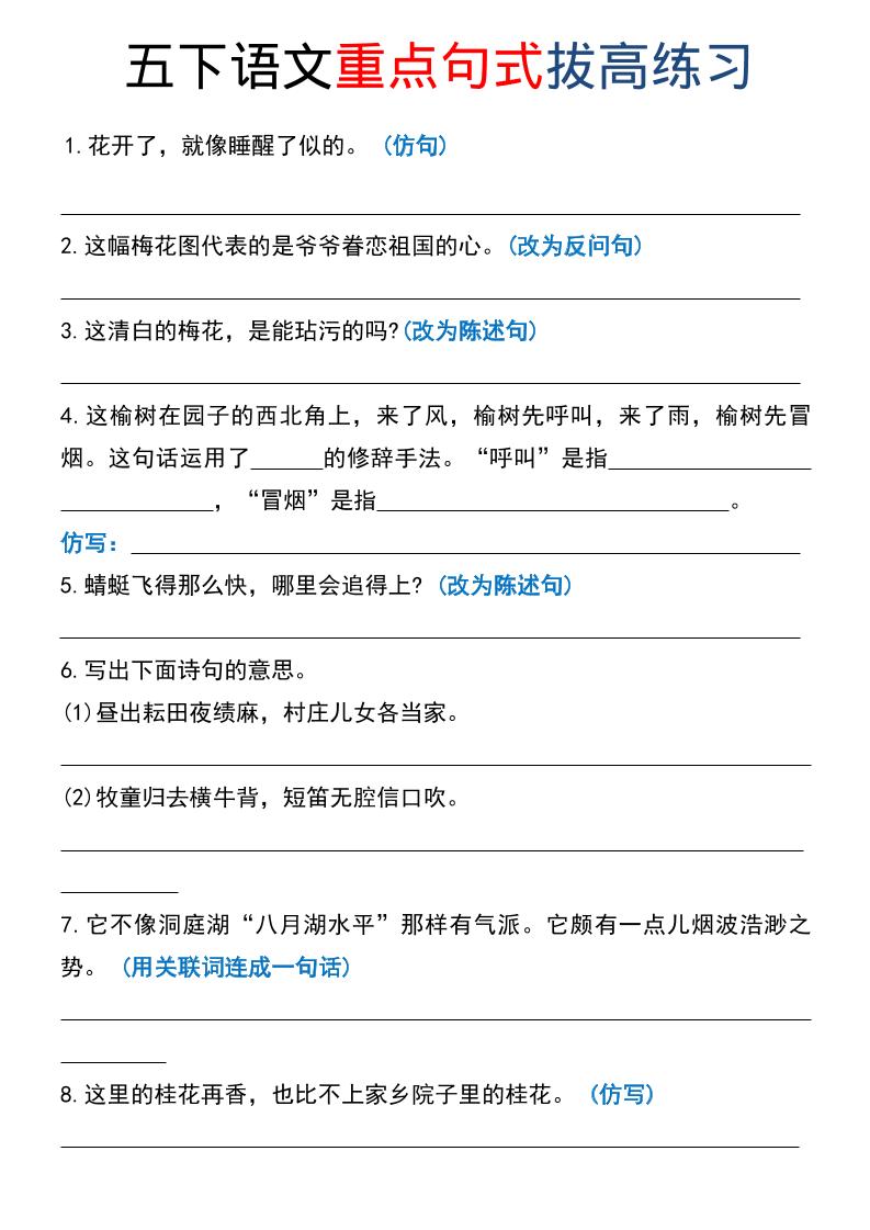 五年级下语文《重点句式》拔高练习-迦哆网创社