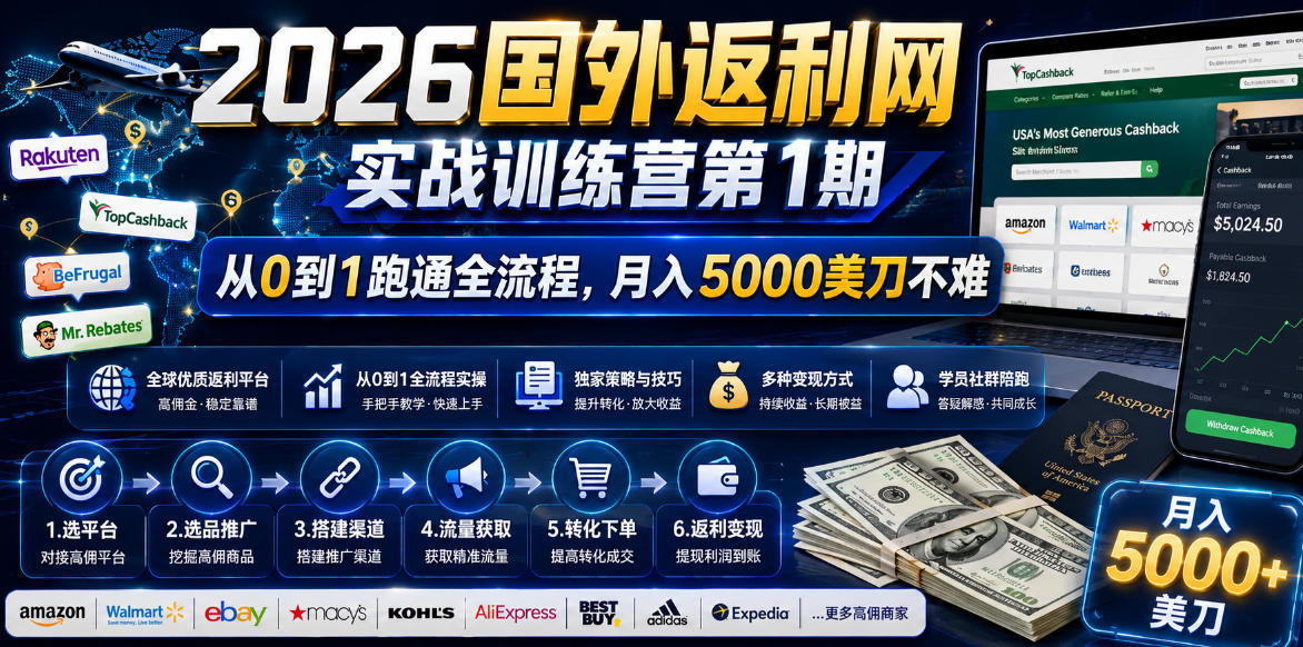 2026年国外返利网实战训练营第1期,从0到1跑通全流程,月入5000美刀不难-迦哆网创社