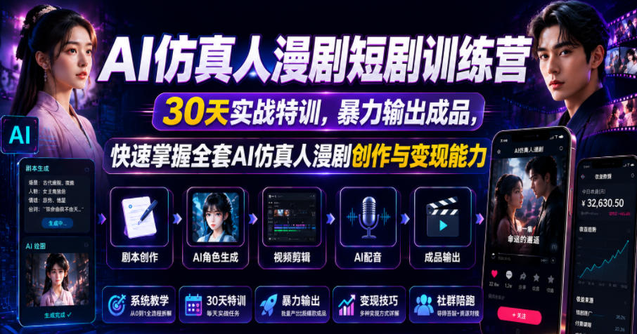 AI仿真人漫剧短剧训练营,30天实战特训,暴力输出成品,快速掌握全套AI仿真人漫剧创作与变现能力-迦哆网创社