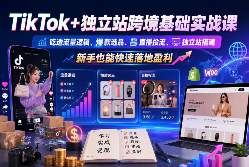 TikTok+独立站跨境基础实战课,吃透流量逻辑、爆款选品、直播投流与独立站搭建,新手也能快速落地盈利-迦哆网创社