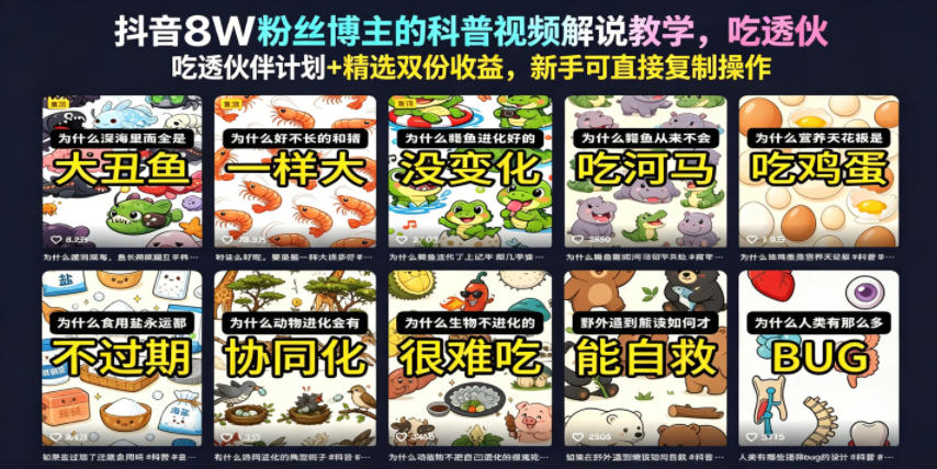 抖音8W粉丝博主的科普视频解说教学，吃透伙伴计划+精选双份收益，新手可直接复制操作-迦哆网创社