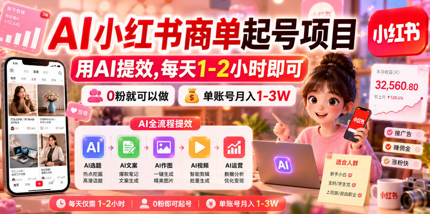 AI小红书商单起号项目，用AI提效,每天1-2小时即可，0粉就可以做，单账号月入1-3W-迦哆网创社