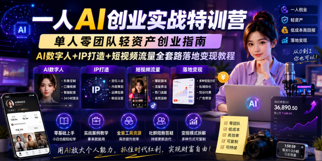 一人AI创业实战特训营，单人零团队轻资产创业指南，AI数字人+IP打造+短视频流量全套路落地变现教程-迦哆网创社