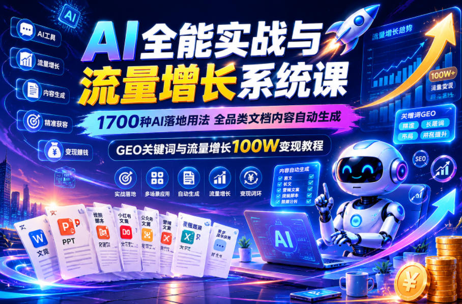 AI全能实战与流量增长系统课，1700种AI落地用法，全品类文档内容自动生成，GEO关键词与流量增长100W变现教程-迦哆网创社