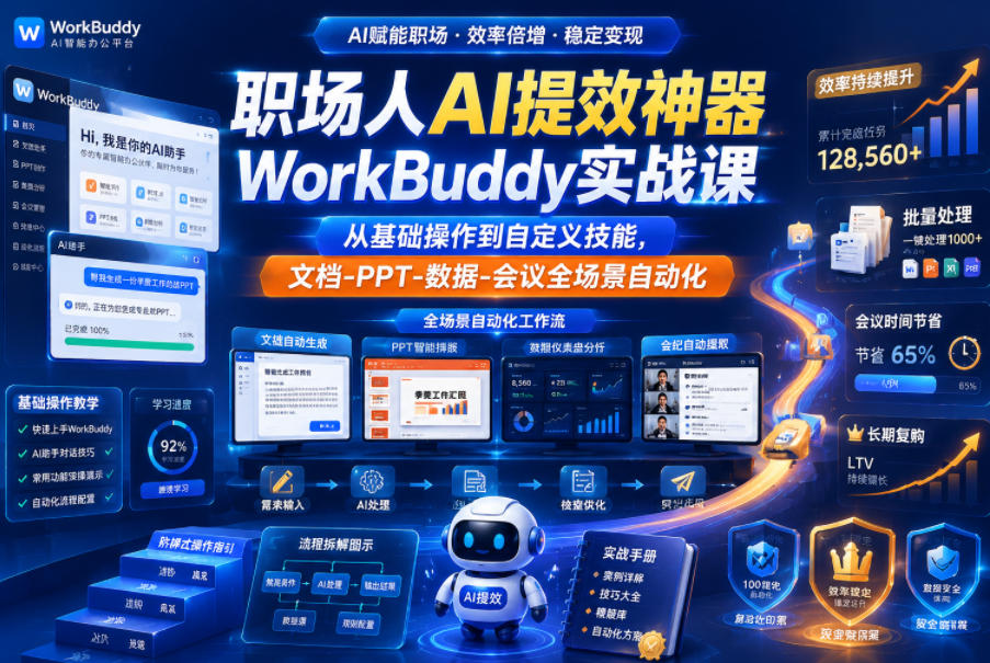 职场人AI提效神器WorkBuddy实战课，从基础操作到自定义技能，文档-PPT-数据-会议全场景自动化-迦哆网创社